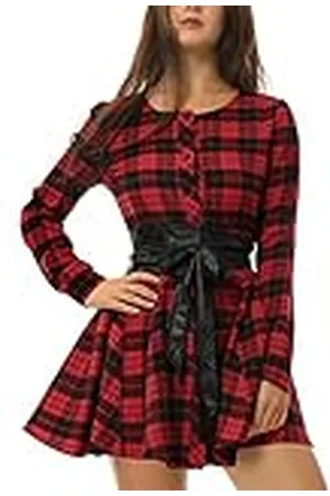 Allegra K Vestido Mini Camisero A Cuadros con Manga Larga Y Abotonado con Cinturón con Cuello Redondo para Mujer M