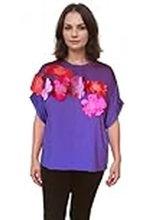 Mamatayoe Aura. Camiseta de Manga Corta para Mujer con Cuello Redondo de Color con Detalles Bordados para Otoño Invierno. Top Fluido con Volante, Elegante y Original. Talla M