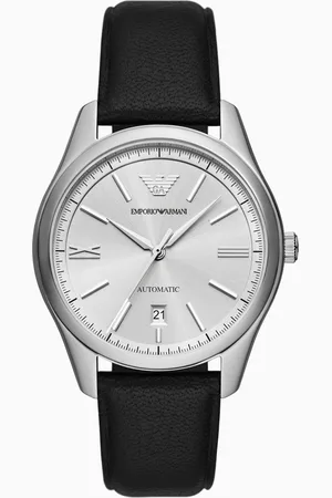 Emporio Armani Reloj automático de piel negra con tres agujas y fecha