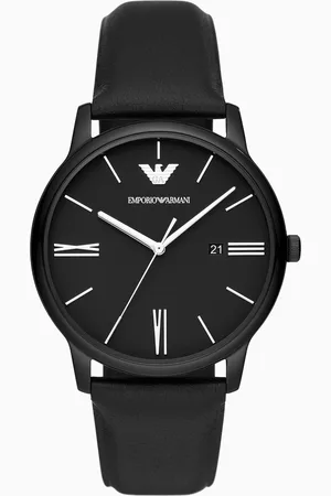 Emporio Armani Reloj de piel negra con tres manecillas y fecha