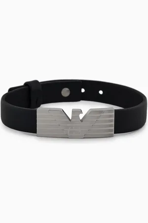 Emporio Armani Pulsera de identificación con correa de acero inoxidable y piel negra
