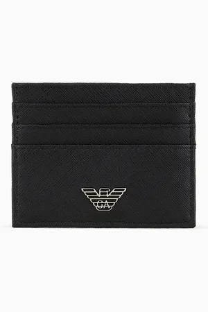 Emporio Armani Tarjetero de piel saffiano regenerada con placa de águila ASV