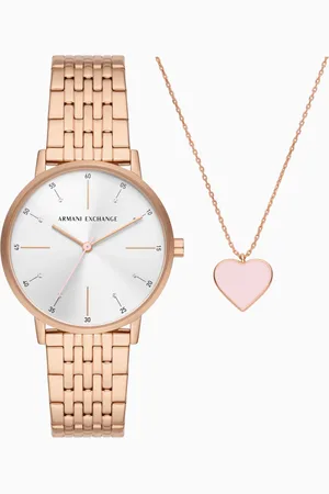 Armani Exchange Conjunto de reloj y collar de tres manecillas en acero inoxidable en tono oro rosa