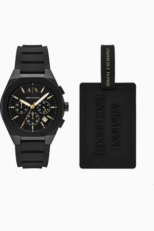 Armani Exchange Set de etiquetas para equipaje y reloj con cron??grafo de silicona negra