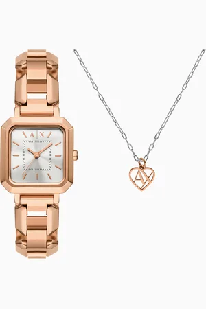 Armani Exchange Set de collar y reloj de tres manecillas de acero inoxidable color oro rosa