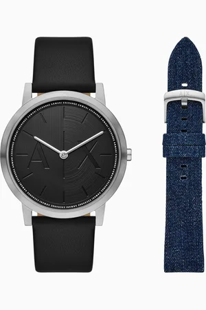 Armani Exchange Reloj de dos manecillas con correas de piel negra y denim