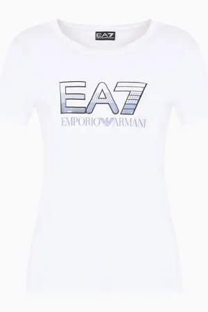 EA7 Camiseta de cuello redondo de algodón elástico con logotipo de lentejuelas Logo Series