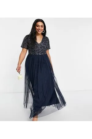 Maya Deluxe Vestido de dama de honor largo de manga corta con delicadas lentejuelas del mismo tono de tul de