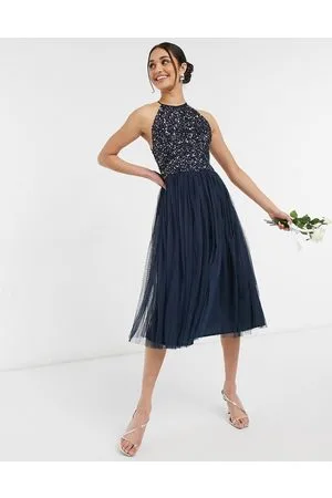 Maya Deluxe Vestido de dama de honor midi con cuello halter y delicadas lentejuelas del mismo tono de tul de