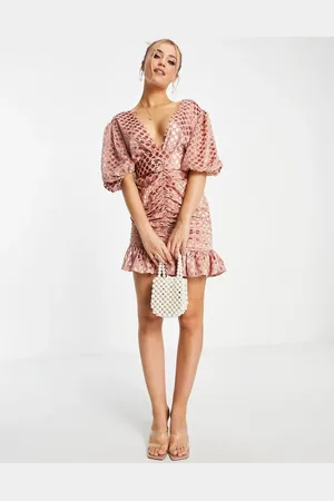 ASOS Vestido corto rosa con mangas abullonadas, cinturón y lunares flocados de terciopelo de