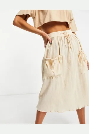 ASOS Falda midi color con cordón ajustable y acabado rugoso natural de -Blanco