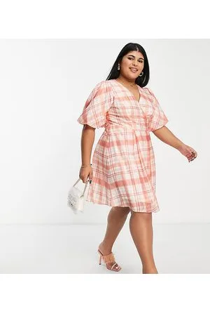 Forever New Vestido de tarde corto color melocotón a cuadros con bajo con vuelo de -Naranja