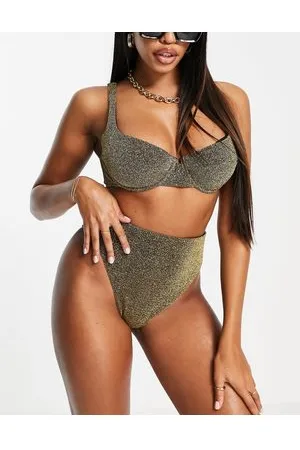 ASOS Top de bikini de copas grandes (E-G) negro con aros y acabado de purpurina dorada de