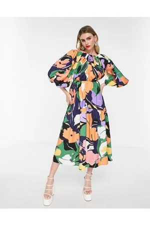 ASOS Vestido midi con estampado abstracto, mangas voluminosas y abertura en la espalda de