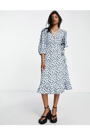 ONLY Vestidos midi azul cruzado con estampado de lunares y mangas abullonadas de