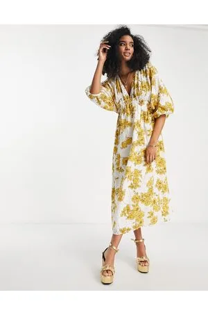 ASOS Vestido midi bordado con cintura fruncida y estampado floral de -Multicolor