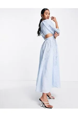ASOS Vestido midi azul con abertura en la espalda, mangas abullonadas y bordados de cuentas de
