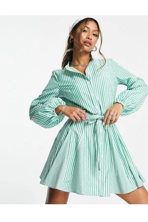 Topshop Vestido camisero corto a rayas verdes y blancas con lazada en la parte delantera de