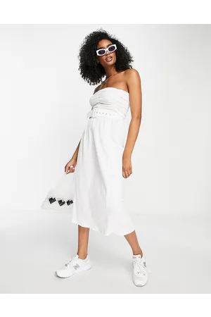 ASOS Vestido midi color palabra de honor con cinturón de tejido rugoso de -Blanco