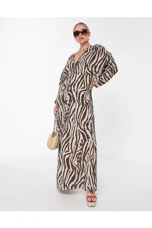 ASOS Vestido largo playero de manga larga con estampado animal, frunces y efecto arrugado de