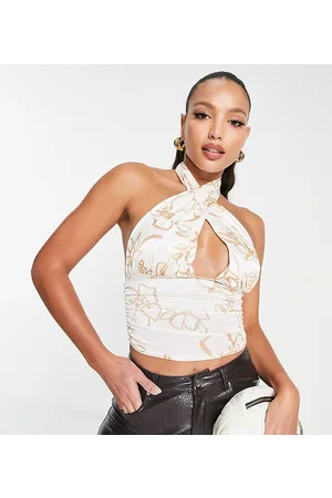 ASOS Top corto con estampado floral y cuello halter cruzado de satén de ASOS DESIGN Tall