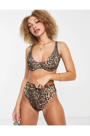 ASOS Top de bikini de copas grandes con aros, estampado de leopardo y diseño pronunciado en la parte delantera de canalé Mix & Match de -Multicolor