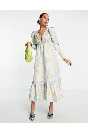 ASOS Vestido midi de cintura alta con busto plisado y estampado floral de jacquard de