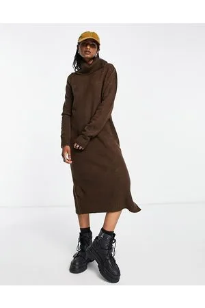 ONLY Vestido midi marrón estilo jersey con cuello vuelto de