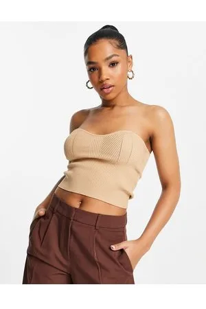 Miss Selfridge Top color palabra de honor con diseño contorneado de punto de canalé de - -Beis neutro