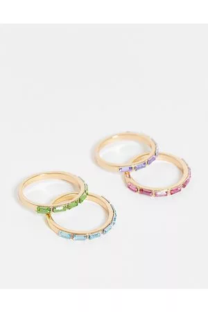 ASOS Mujer Sets de joyas - Pack de 4 anillos de varios colores con diseño de cristales de talla baguette de