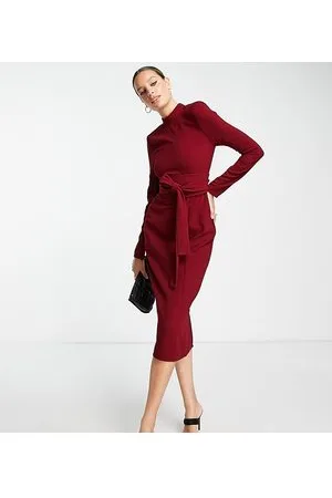 ASOS Vestido midi rojo de manga larga con cinturón estilo obi de ASOS DESIGN Tall