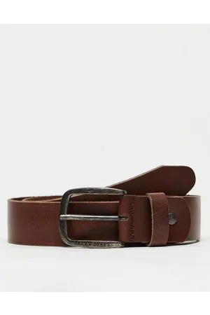 JACK & JONES Cinturón marrón oscuro de cuero liso con hebilla del logo de