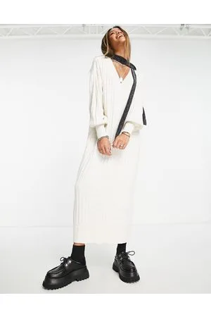 ONLY Vestido largo color con cuello de pico de punto de -Blanco