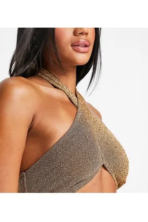 South Beach Top de bikini metalizado con cuello halter cruzado Mix & Match de