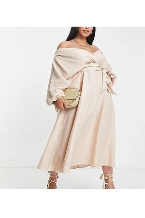 ASOS Vestido midi color cruzado con detalle elástico en la espalda de lino de Curve-Beis neutro