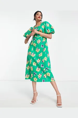 VERO MODA Vestido midi verde con estampado floral extragrande de