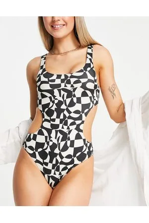 Monki Bañador negro y blanco con estampado gráfico y aberturas laterales de