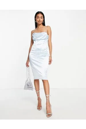 Rare Fashion Vestido midi azul polvareda con detalle de corsé de satén de London