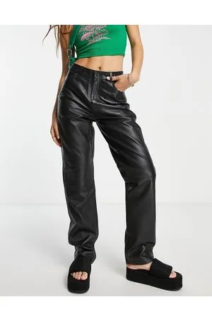 JJXX Pantalones negros de pernera recta de cuero auténtico de