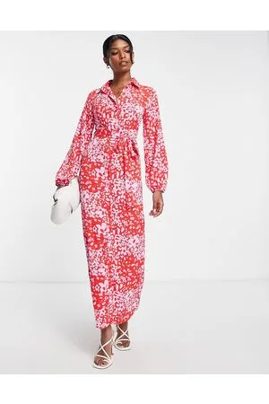 ASOS Vestido camisero rojo anudado en la parte delantera con estampado de florecitas de -Multicolor