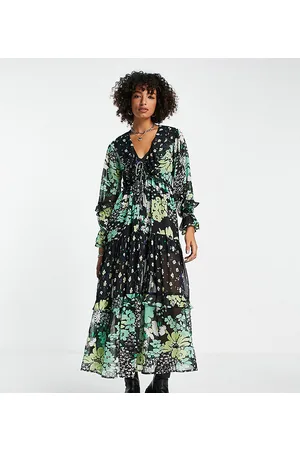 Reclaimed Vestido largo con estampado floral verde oscuro dividido de Inspired
