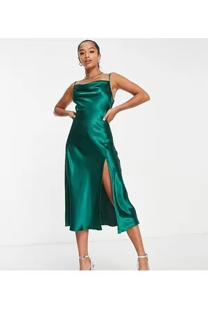 Little Mistress Vestido midi verde esmeralda con cuello desbocado de satén de