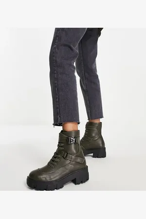 Glamorous Botines color planos con cordones y hebillas de -Verde