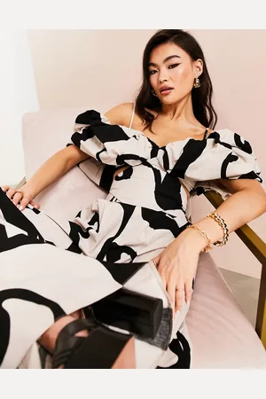 ASOS Top corto con escote Bardot abullonado y estampado de ondas de algodón de (parte de un conjunto)