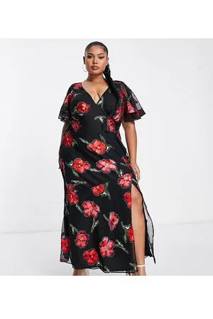 ASOS Vestido largo con mangas acampanadas, abertura en la espalda y estampado de jacquard de rosas de ASOS DESIGN Curve-Multicolor