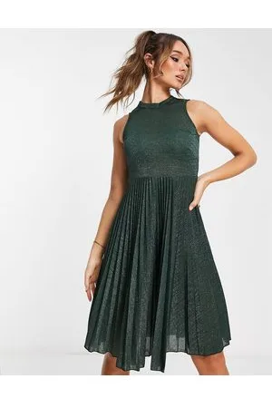 Closet Vestido midi plisado con cuello alto de -Verde