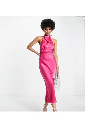 ASOS Vestido midi rosa luminoso con cuello halter desbocado y lazada envolvente en la cintura de ASOS DESIGN Tall