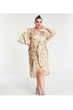 HOPE & IVY Vestido midi verde salvia con estampado floral y nudo en la parte delantera de