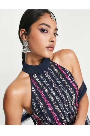 Maya Deluxe Top corto a rayas de lentejuelas con cuello halter de Maya (parte de un conjunto)