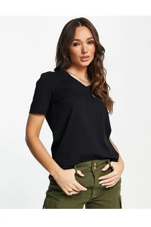 SELECTED Camiseta negra de manga corta con cuello de pico de algodón de Femme